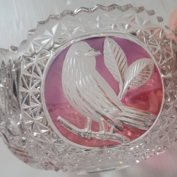 HOFBAUER  Byrdes Lead Crystal Glass Serving Bowl Germany RUBY Cut BIRD 7" Wide - Picture 5 of 7